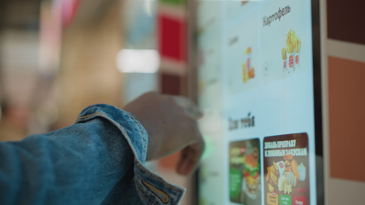 Close-up of hand with denim sleeve pointing at digital touchscreen menu displaying food options, including fries, in modern fast-food restaurant setting