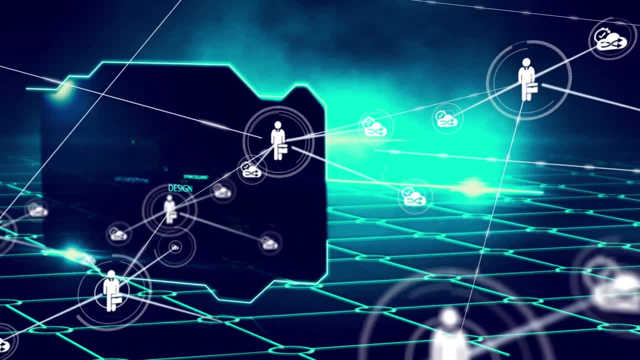 연기 위에 아이콘을 가진 연결 네트워크의 애니메이션