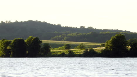 the waters of a lake at the foot of a small hill with some bugs flying around in the sky