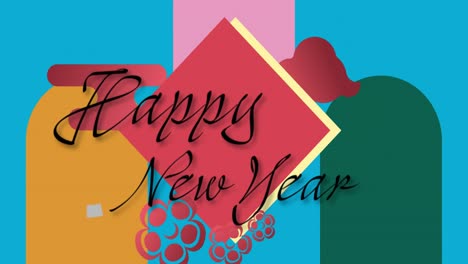 Animation-of-happy-new-year-text-over-shapes-on-blue-background