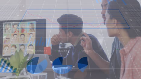 Analyzing animation charts on computer, business team discussing data in office