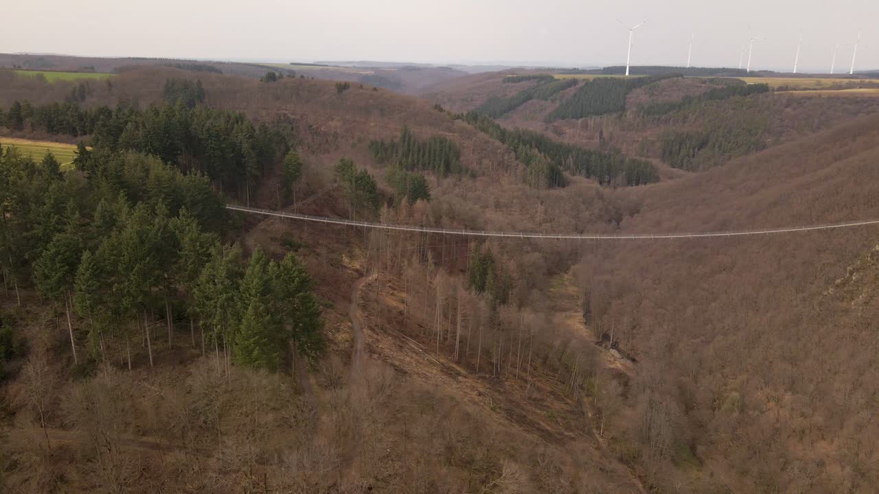 кинематографические кадры с воздуха самого длинного подвесного моста германии в пасмурный зимний день