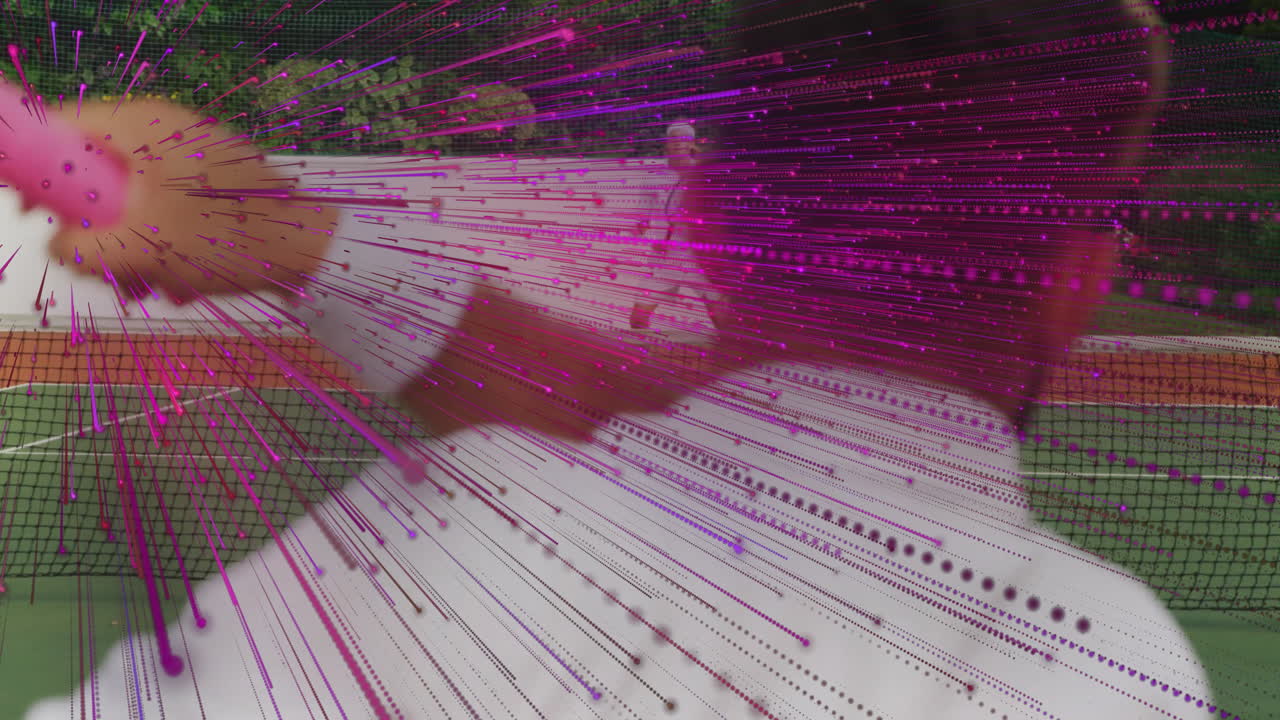 Male tennis player swinging racket on clay green court, showing magenta radial sports data overlay