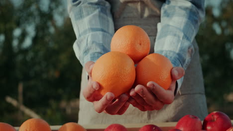 el agricultor guarda varias naranjas grandes en el mostrador de frutas