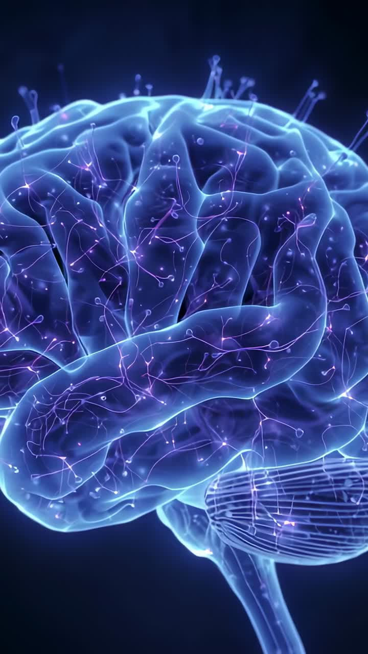 Vertical video: Rotating brain revealing cerebellum over void after hold, with glowing filaments