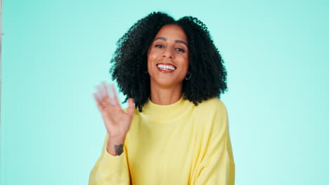 portrait, wave and greeting with a black woman