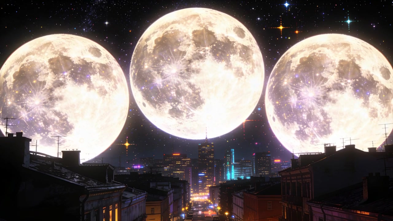 都市のスカイラインの上空に、屋根や星と対比するように脈打つ3つの大きな満月が映し出されたショット。