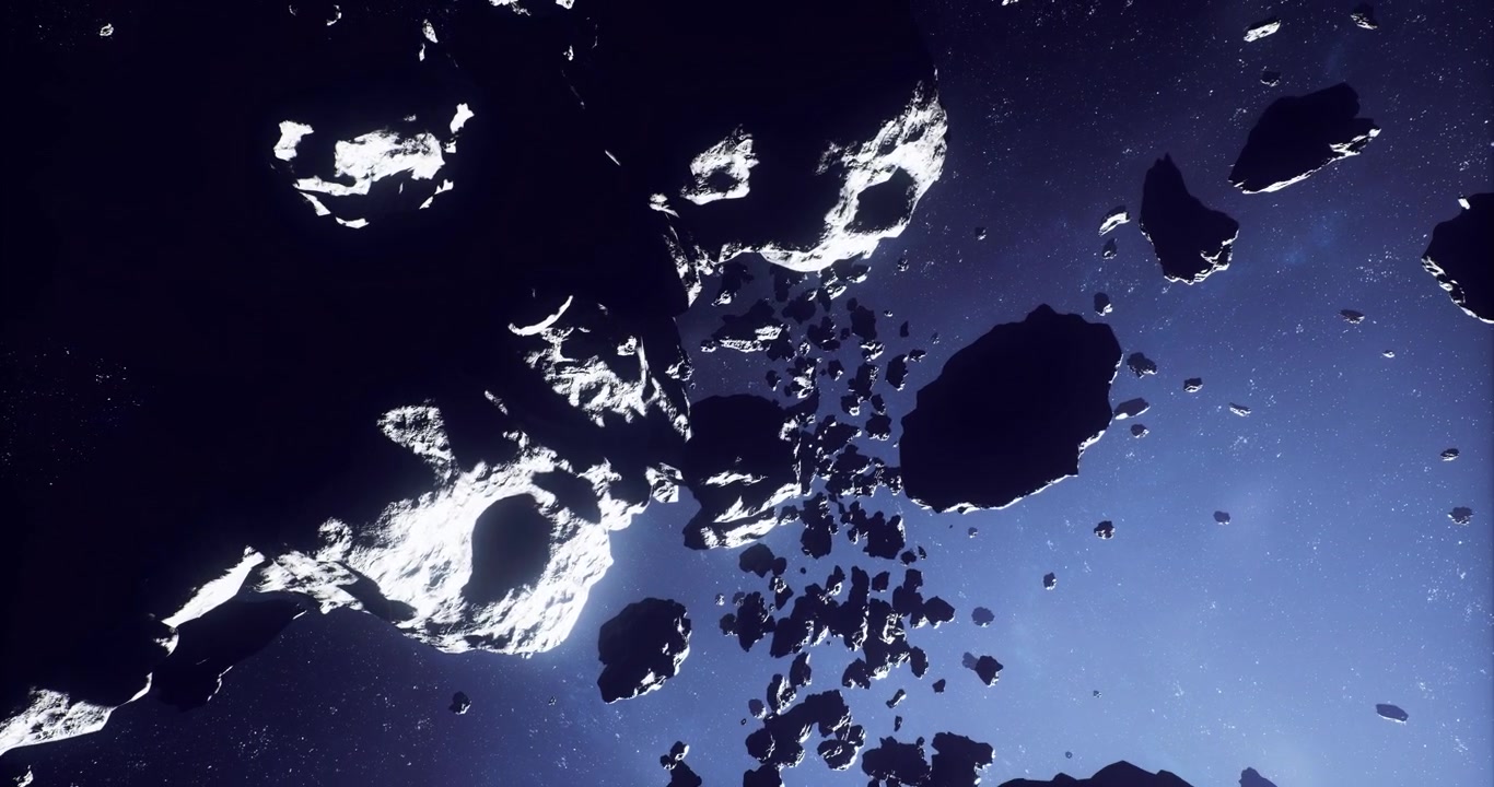 Spazio profondo caratterizzato da ammassi di asteroidi luminosi e nebulose distanti.