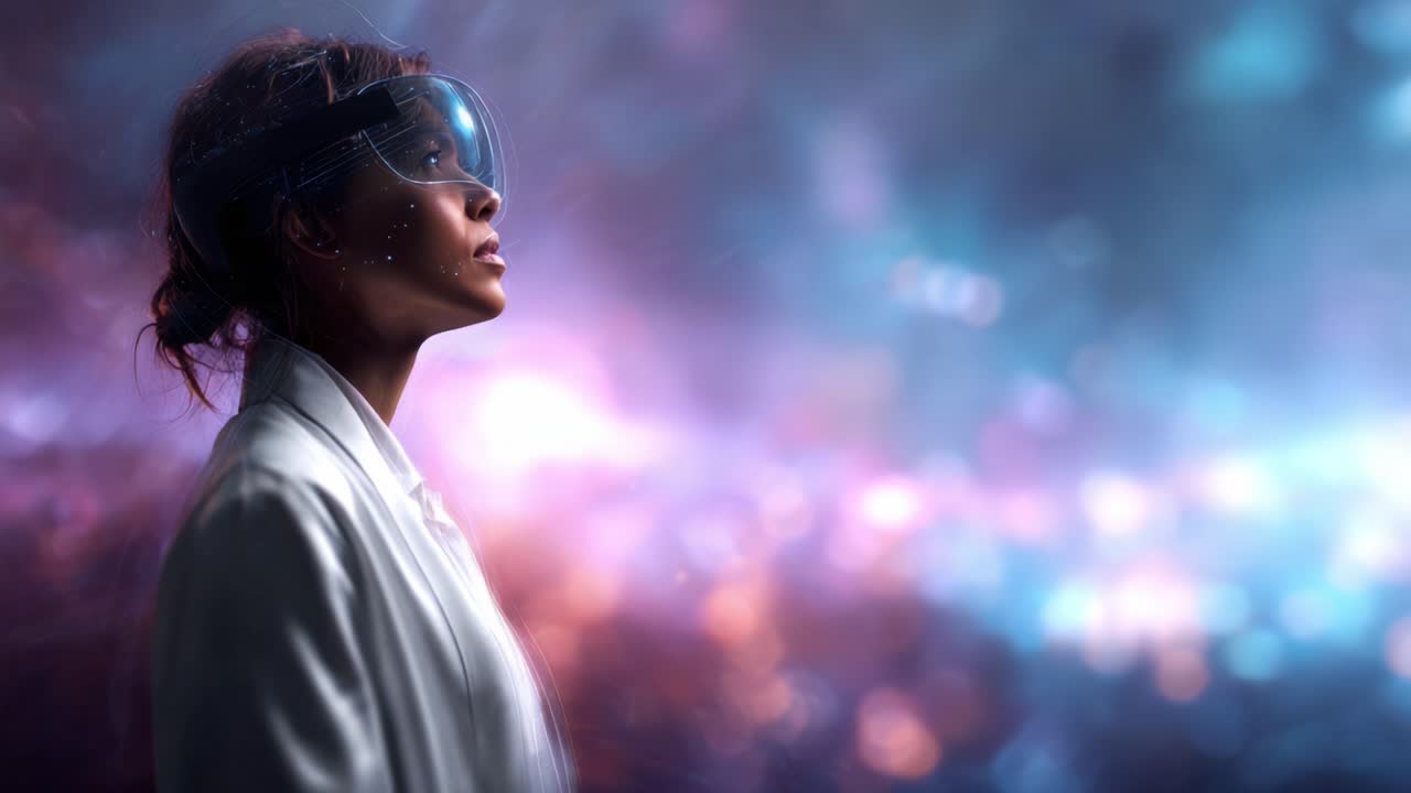 A woman in a futuristic setting wears advanced augmented reality goggles, gazing thoughtfully as she navigates a vibrant, technicolor virtual landscape of possibilities