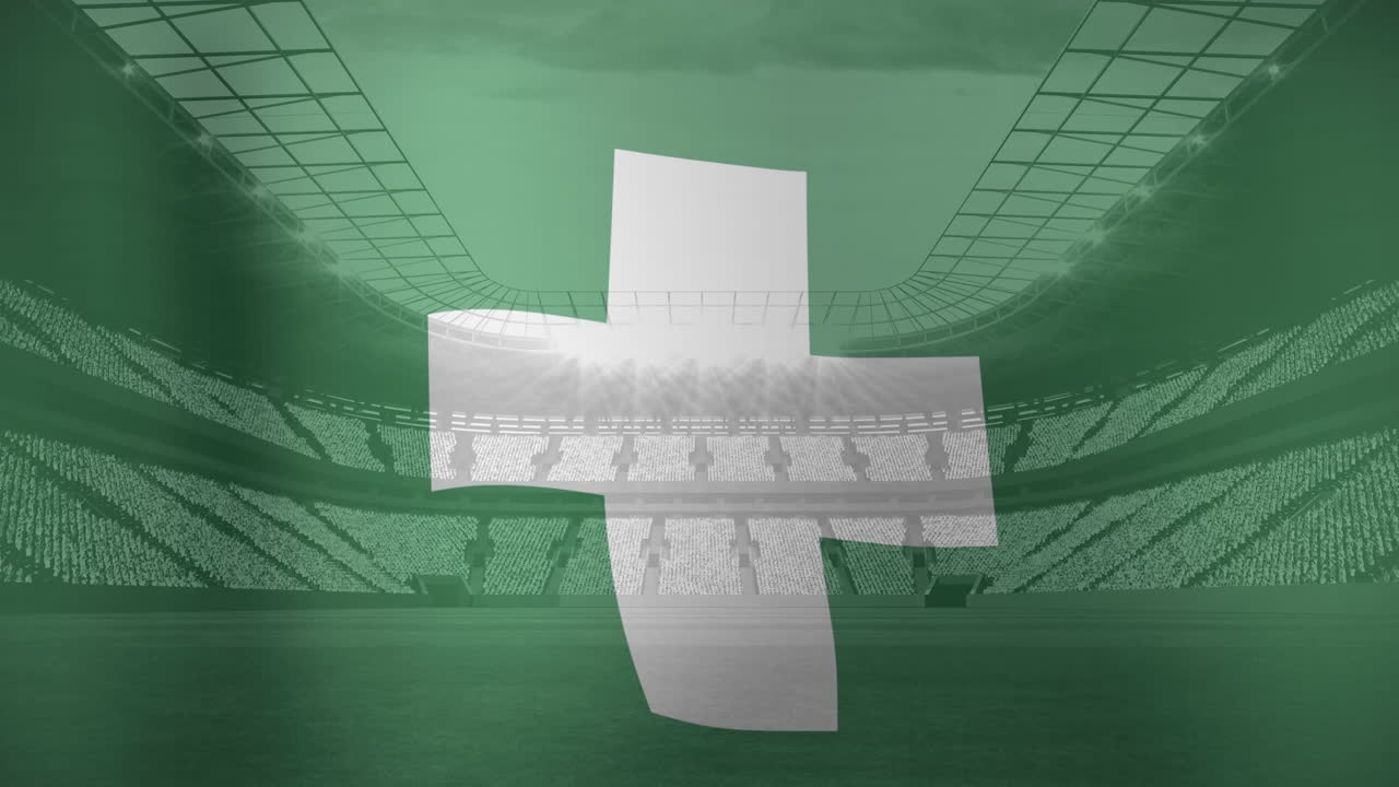 스포츠 경기장 위에서 흔들리는 일본 보건 및 안전 발의 애니메이션