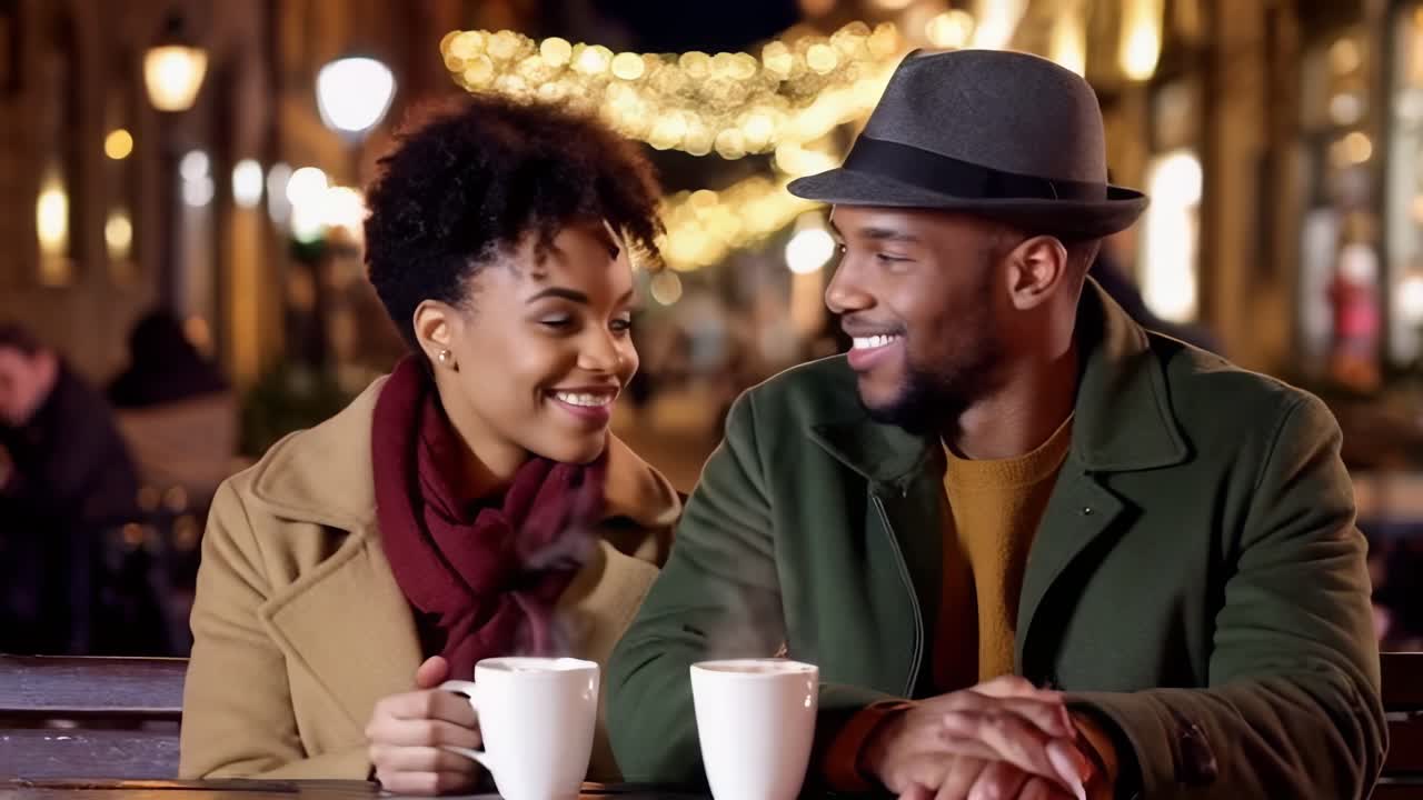 Una gioiosa coppia afro seduta insieme in un accogliente bar all'aperto, circondata da morbide luci bokeh.