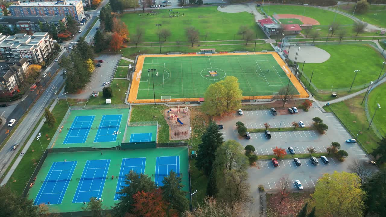 A drone shot gate's park numerous sports fields.