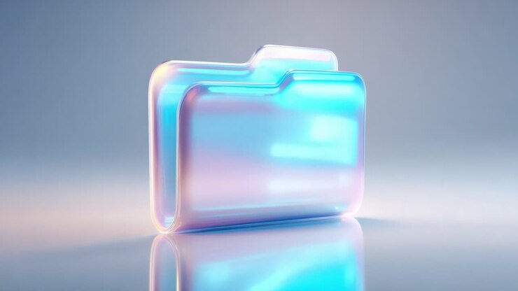 A Glowing Transparent Folder Reflecting Soft Blue and Pink Hues, Symbolizing Digital Organization and Modern Data Management in a Sleek and Minimalistic Style