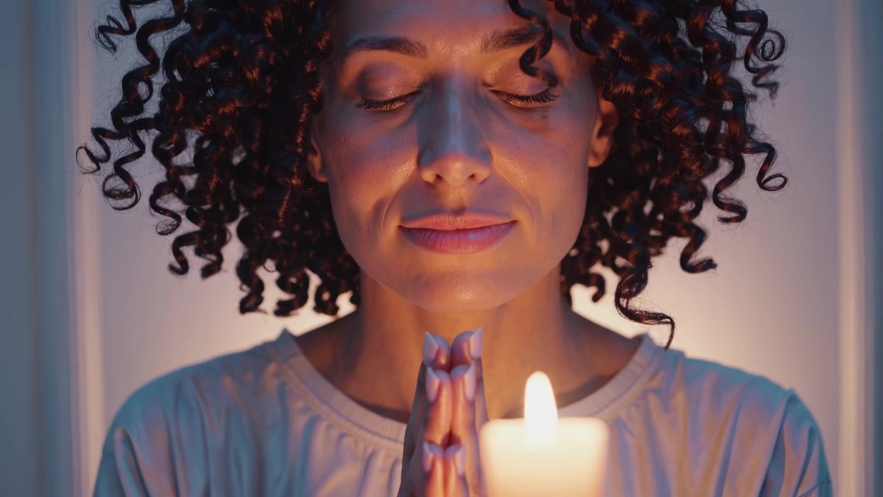 Donna con capelli ricci che medita con le mani giunte a lume di candela