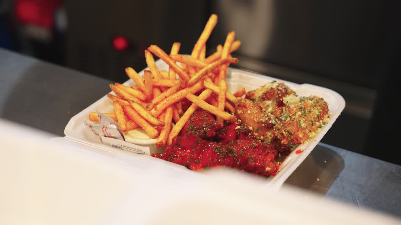 4K close-up footage of fresh hot French fries being poured into a to-go plate with Louisiana hot wings and garlic parmesan wings in a professional kitchen