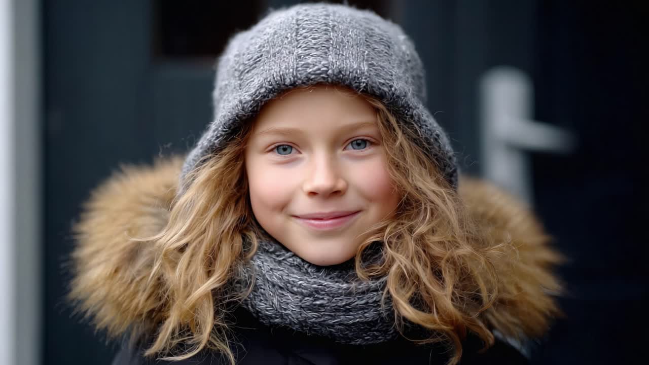 A Cheerful Young Girl in a Warm Hat and Scarf, Smiling Brightly Against a Dark Background, Reflecting Joy and Innocence in a Cold Environment