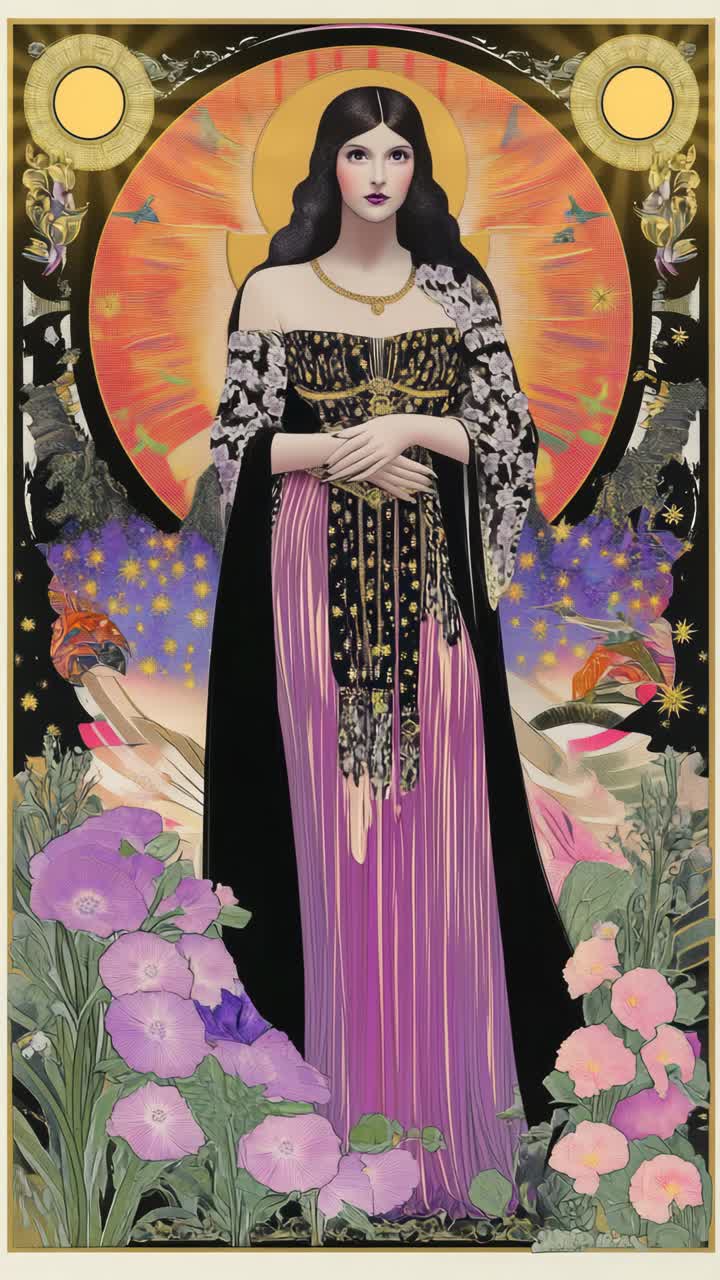 Art Nouveau-inspired video concept featuring a front-facing angle of a woman in ornate attire