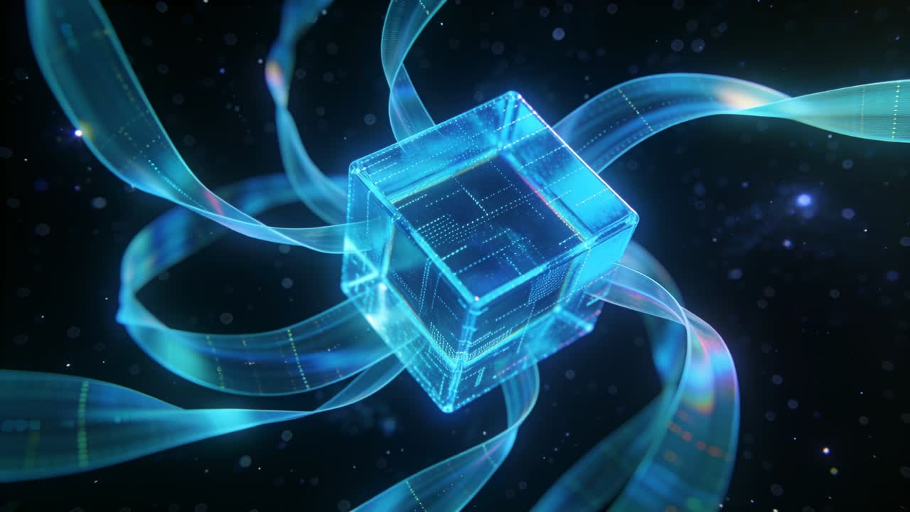 Vertical video: Cyan cube rotating, grid pulsing sparking ribbons flowing in void showing tech grid