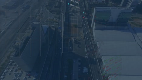 animación del procesamiento de datos estadísticos y bursátiles frente a una vista aérea del paisaje urbano