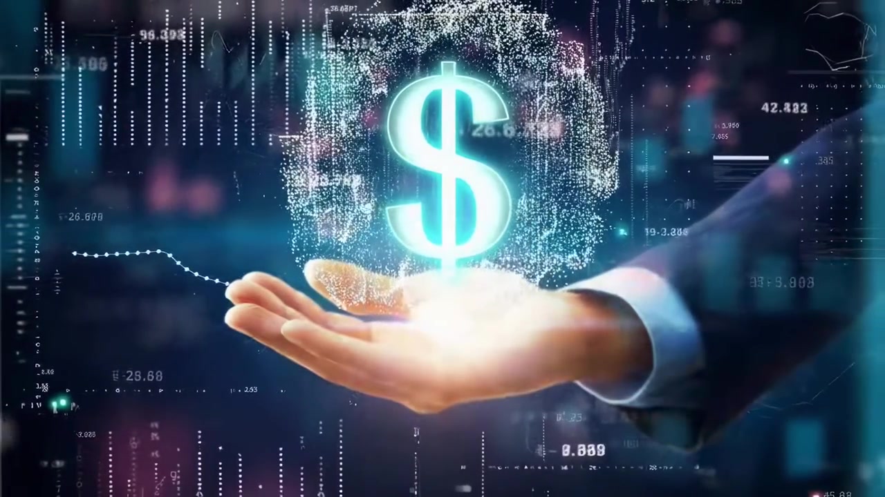 Forretningsmand holder holografisk dollarsymbol med finansielle data