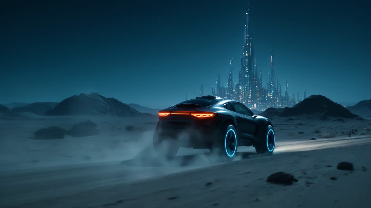 Futuristic suv driving toward scifi city at night