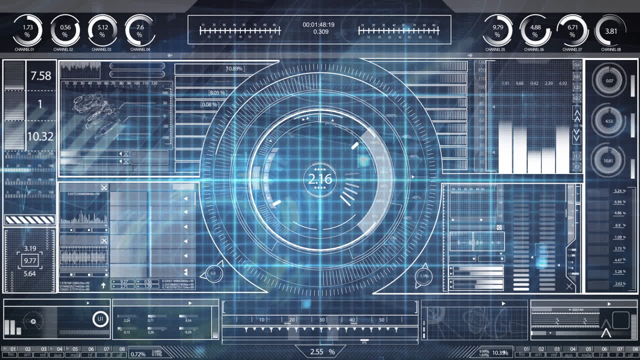다양한 데이터 처리, 점 및 그래프를 가진 파란 디지털 화면의 애니메이션