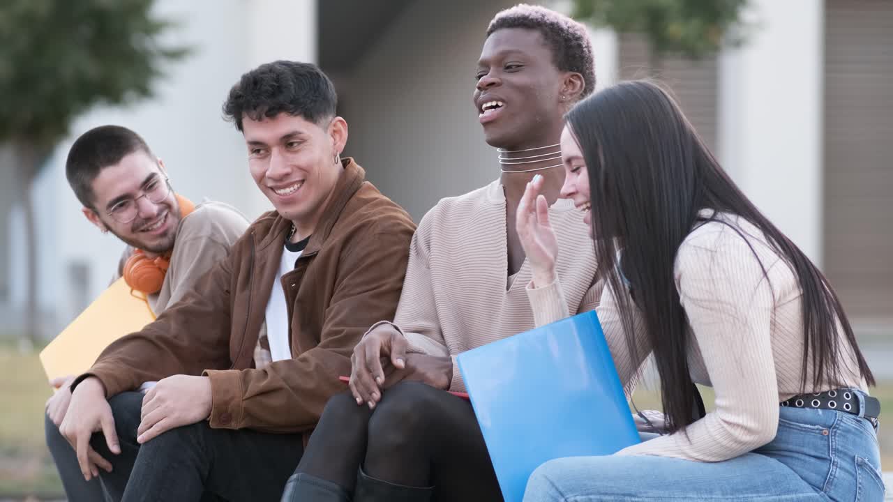Happy transgender student speaking with friends