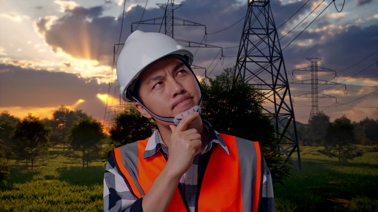 Eftertænksom ingeniør med hat og sikkerhedsvest, der kigger på elledninger ved solnedgang
