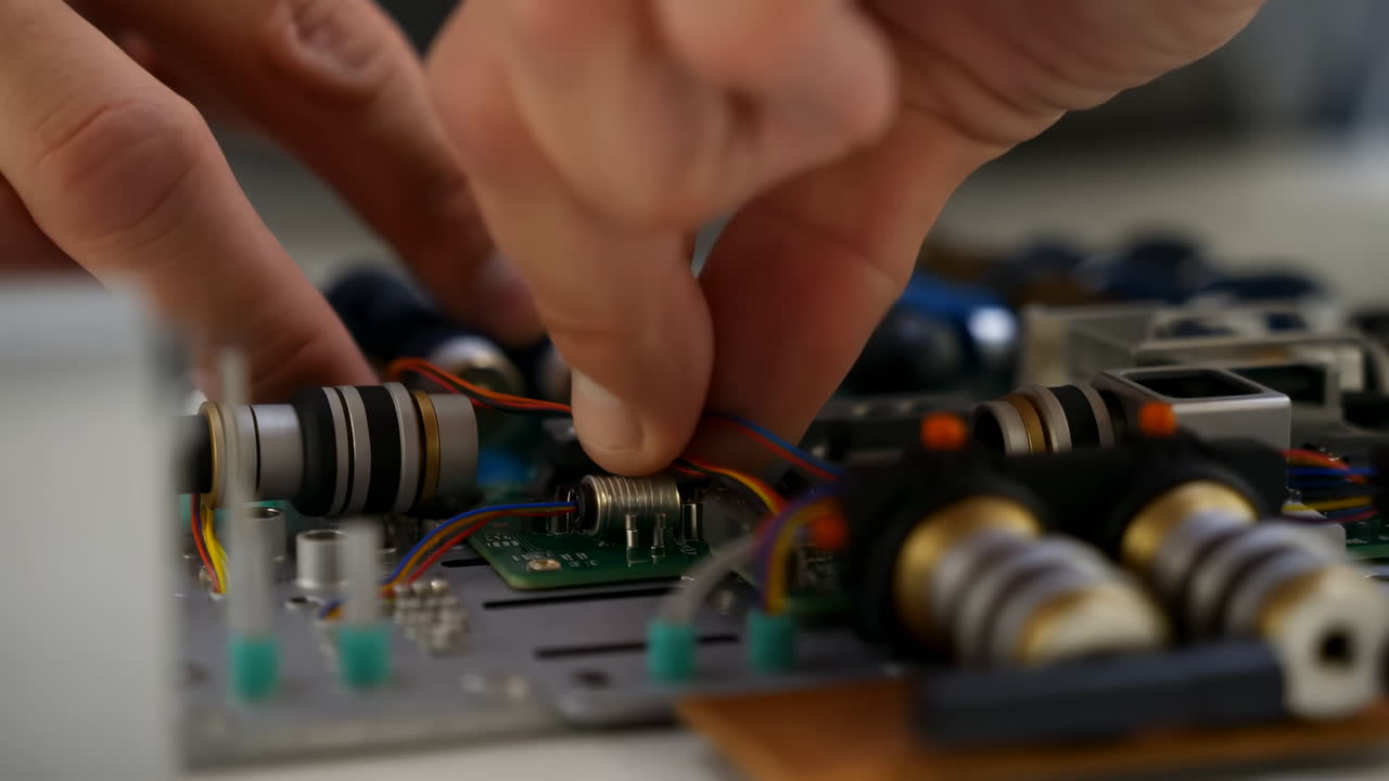Closeup Hands Assembling Circuit Board Components Focused Technician Adjusts Capacitors And Wires