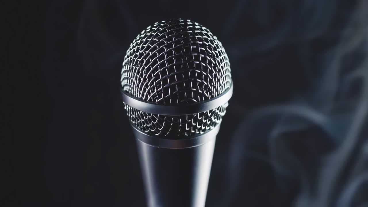 Close-up of a Microphone with Smoke on a Dark Background