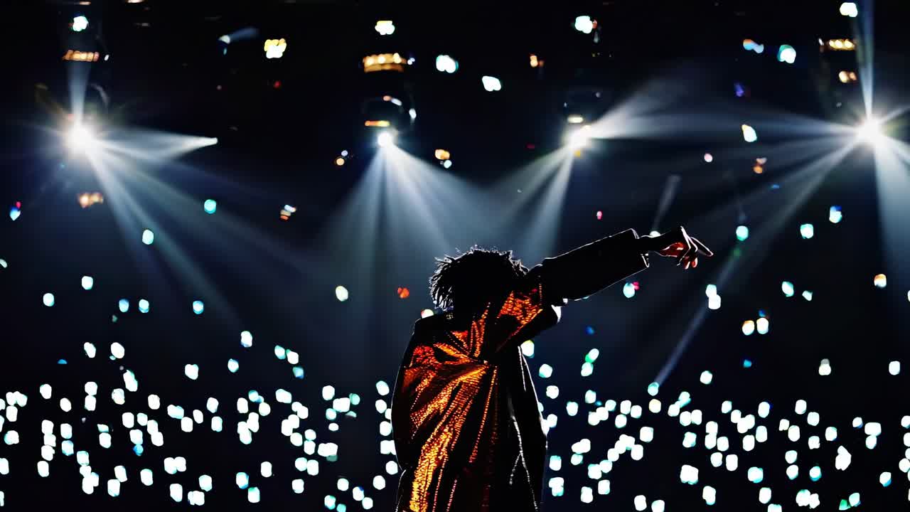 황금색 재을 입은 활기찬 뮤지션은 팔을 들어 올려, 반이는 불빛과 떨어지는 콘페티 아래에서 전기적인 라이브 콘서트 중에 군중을 참여시니다.