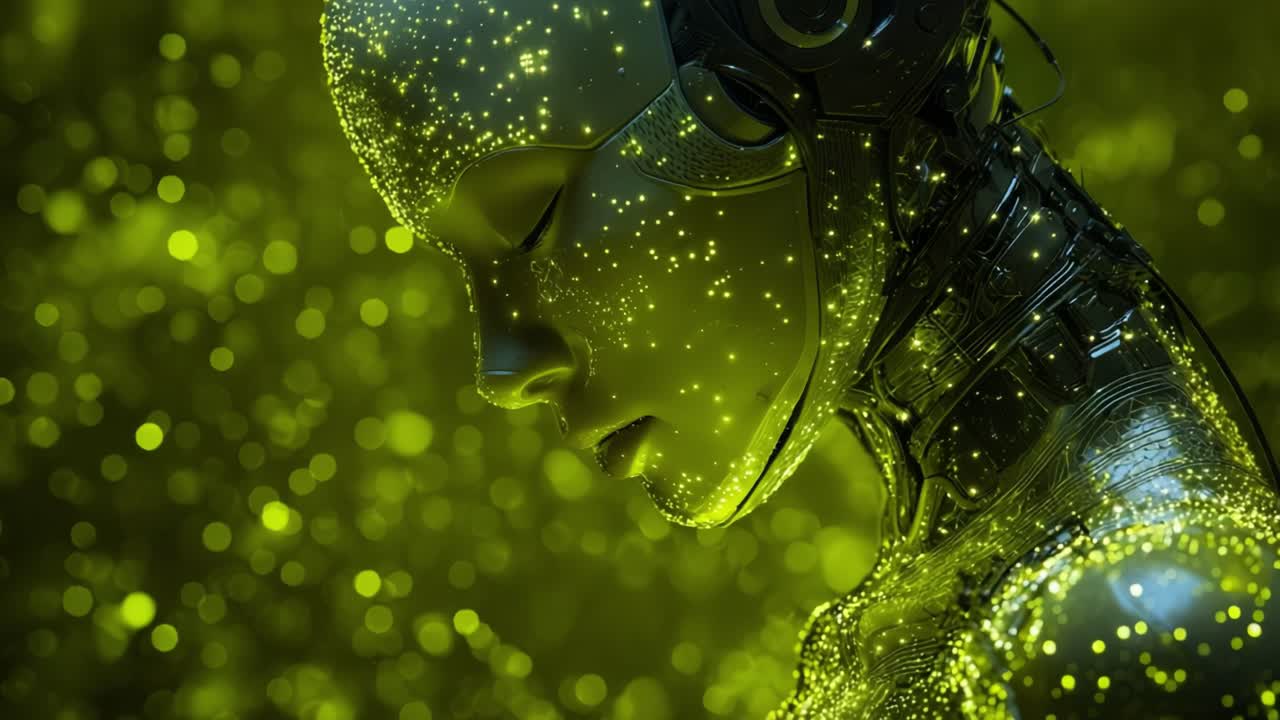 Beautiful humanoid female robot activating and connecting to a global neural network, with glowing data particles floating around her face and body in a futuristic yellow green light