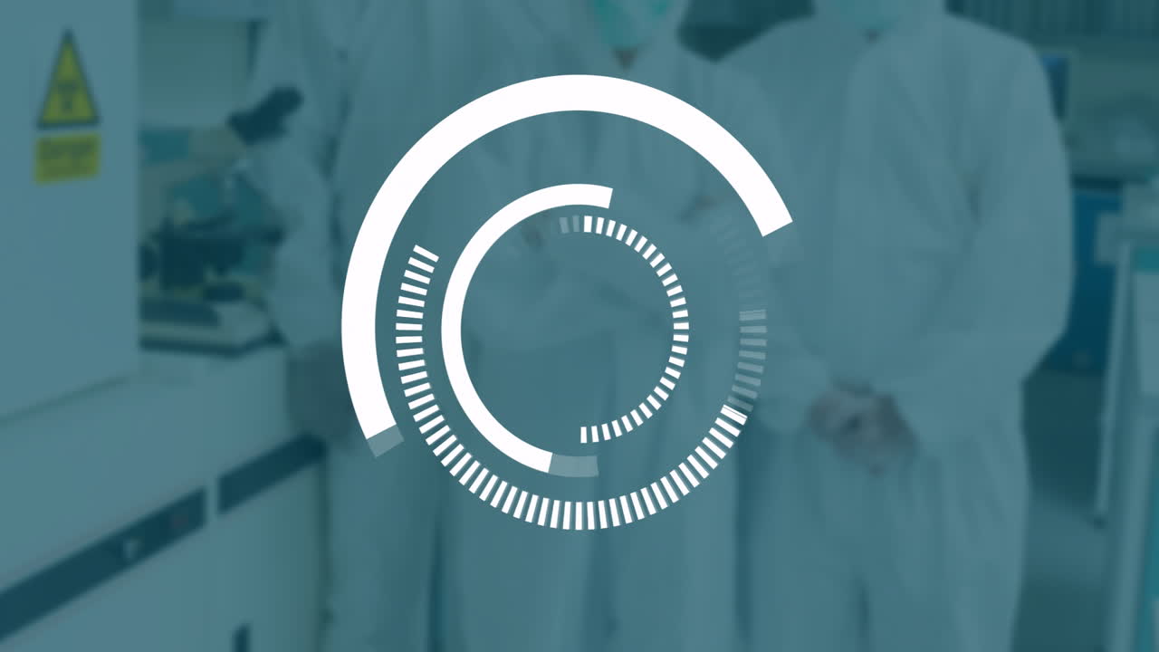 In laboratory, scientists in protective suits analyzing data with circular animation
