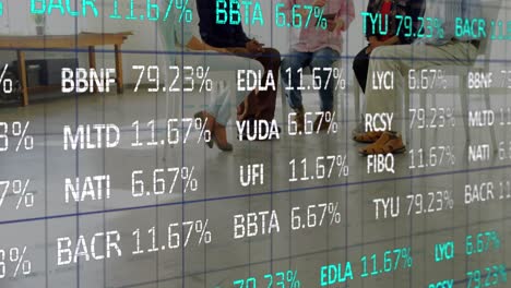 animation of financial data over diverse people during support meeting