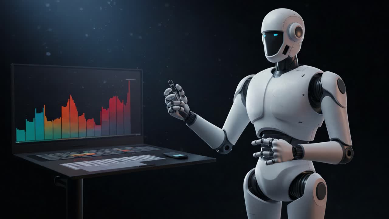 Una figura robotica avanzata che interagisce con visualizzazioni di dati su uno schermo ad alta tecnologia, illustrando l'intersezione tra intelligenza artificiale e analisi dei dati nella tecnologia moderna.