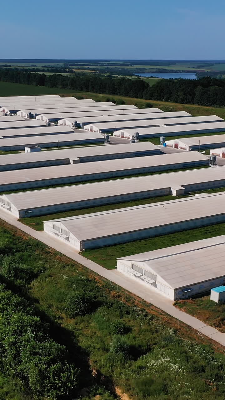Aerial view of industrial big hangars. Outdoor exterior warehouse building. Vertical video