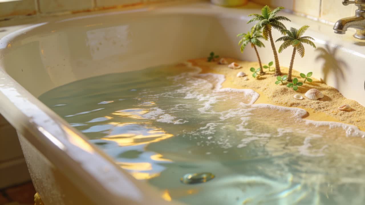 Mini isola che ondeggia nella vasca da bagno mentre l'acqua crea onde che simulano l'oceano attorno a palme e conchiglie.