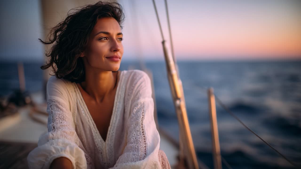 A Serene Evening on the Water: A Woman Enjoying a Calm Sunset Cruise While Relaxing on a Sailboat, Capturing the Essence of Tranquility and Nature's Beauty