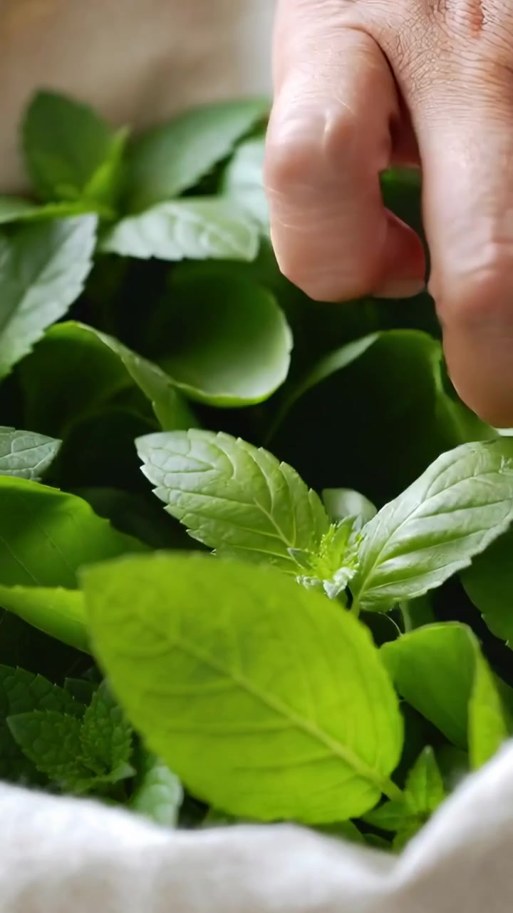 Video verticale: Mano maschile che entra, preme e seleziona foglie di menta in un contenitore di stoffa su un tavolo per cucinare.