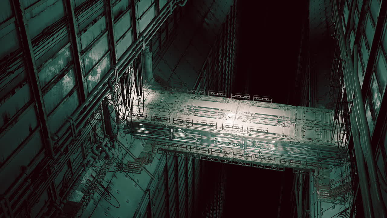 Cargo terminal on a massive space station illuminated by industrial lighting