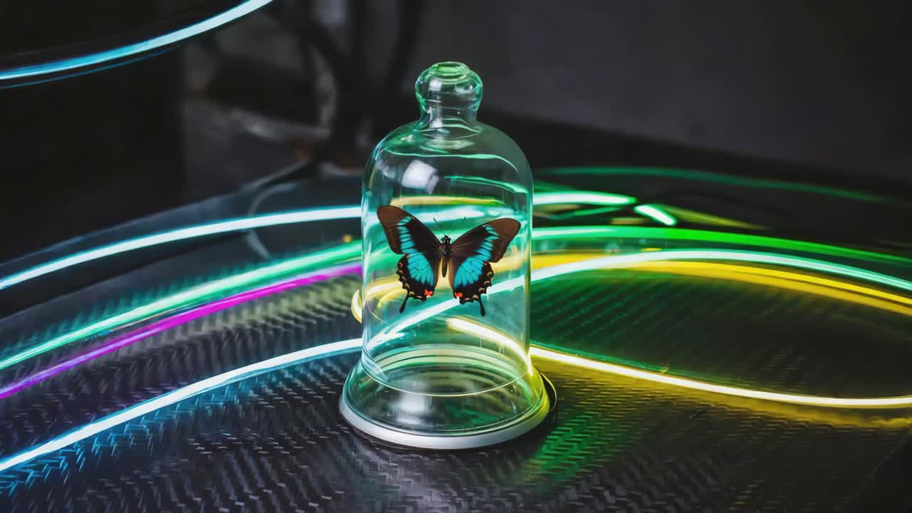 Butterfly under a glass dome with neon lights