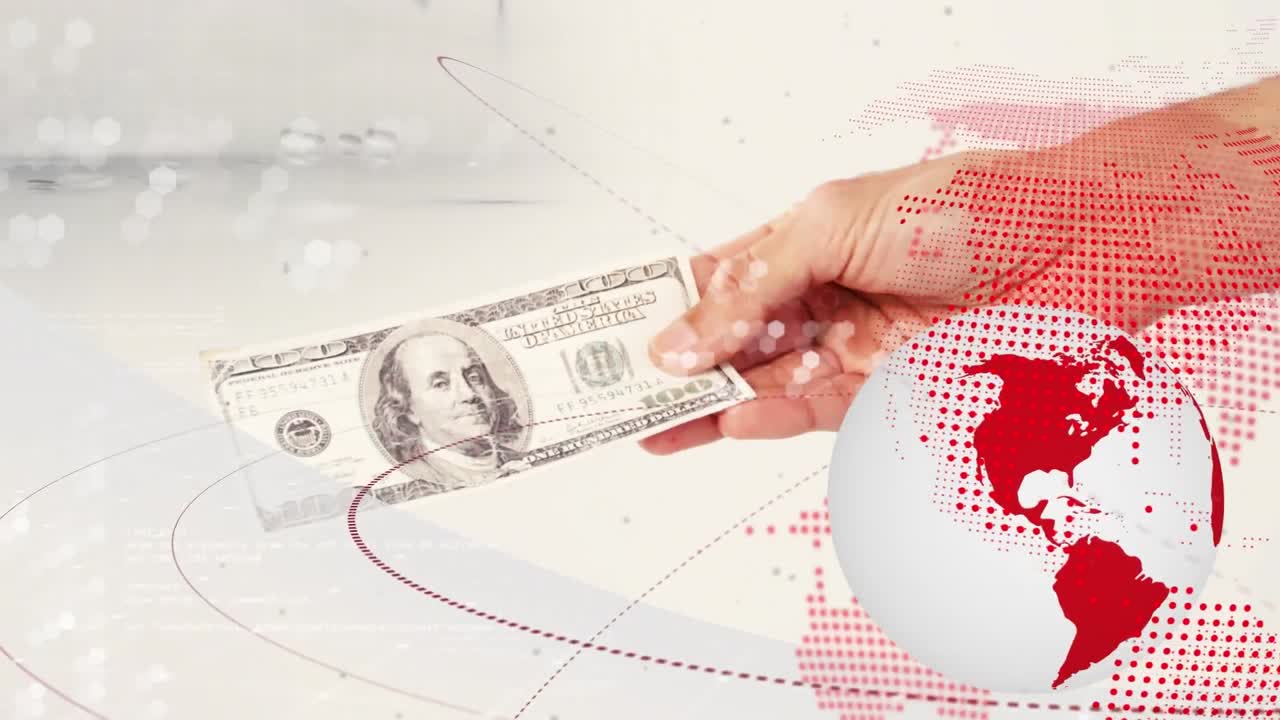 한 손 이  바탕 에 백 달러 지폐 를 들고 있다