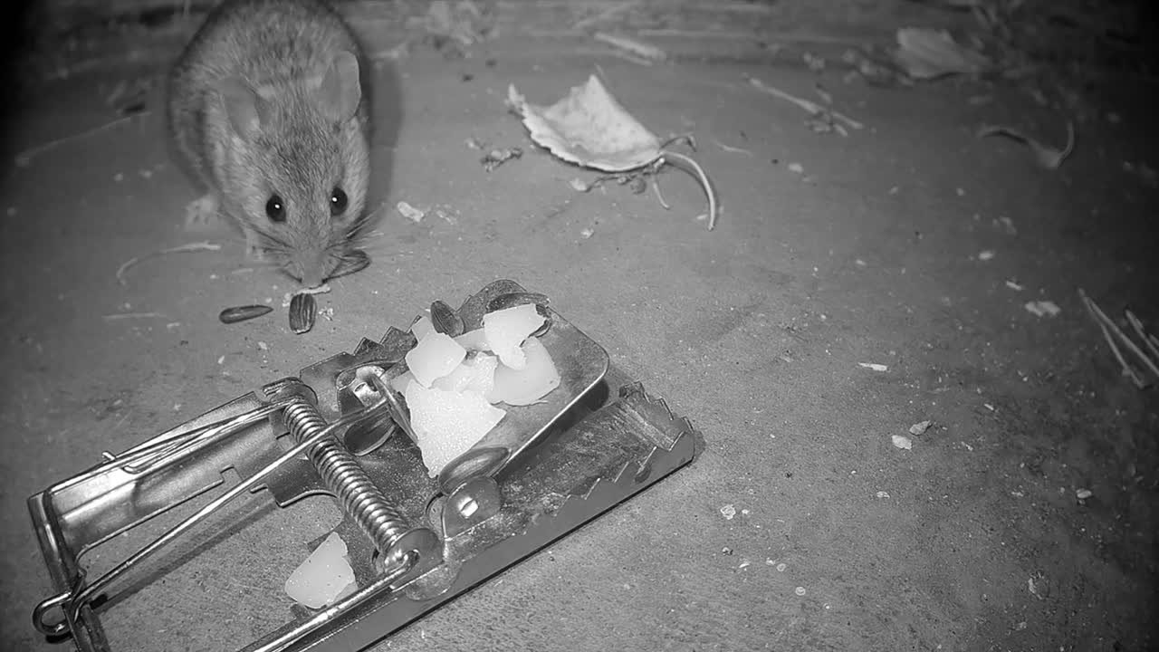 Yellow-necked mouse (Apodemus flavicollis) eating seeds placed as bait at a mousetrap