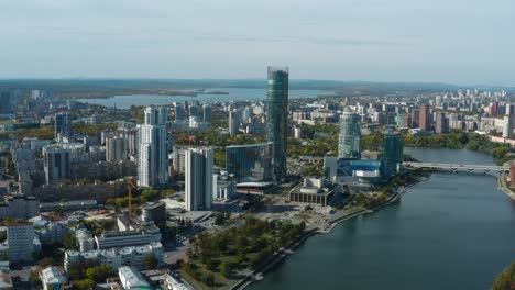 aerial view of a modern city by a river