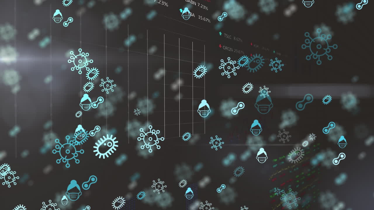 animación de células y iconos de covid en máscaras faciales sobre fondo negro