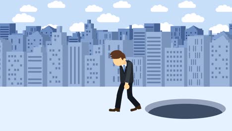 business man jump over the hole. background of buildings. risk concept. loop illustration in flat style.