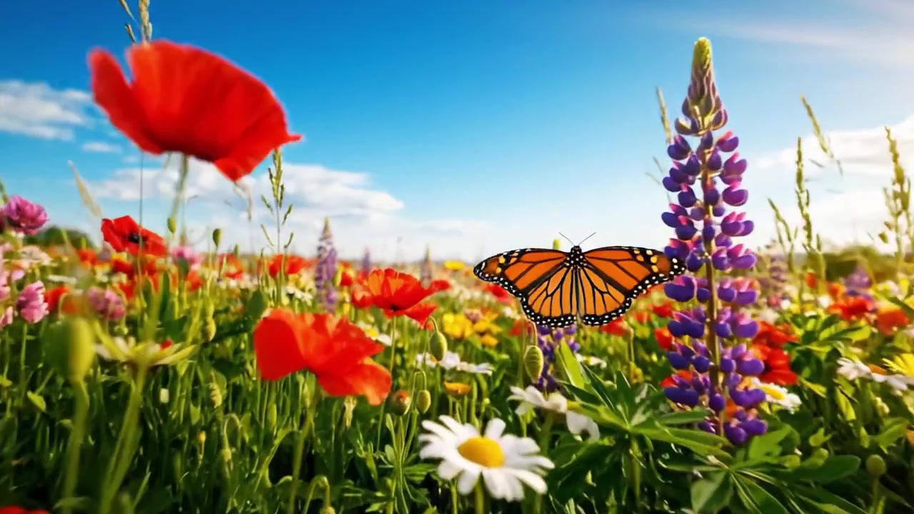 A Vibrant Spring Meadow: A Stunning Display of Colorful Wildflowers Under a Clear Blue Sky, Embracing the Beauty of Nature and Wildlife in Full Bloom