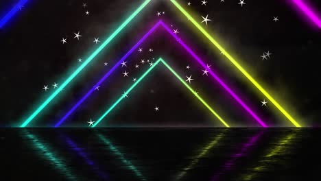Animation-of-moving-colorful-geometrical-shapes-over-the-waterline-and-stars-in-night-sky