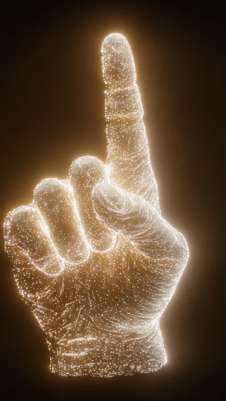 Un fascio di luce trascendente: una mano virtuale che gesticola verso l'alto con particelle scintillanti, simboleggiando ispirazione, scoperta e connessione umana.