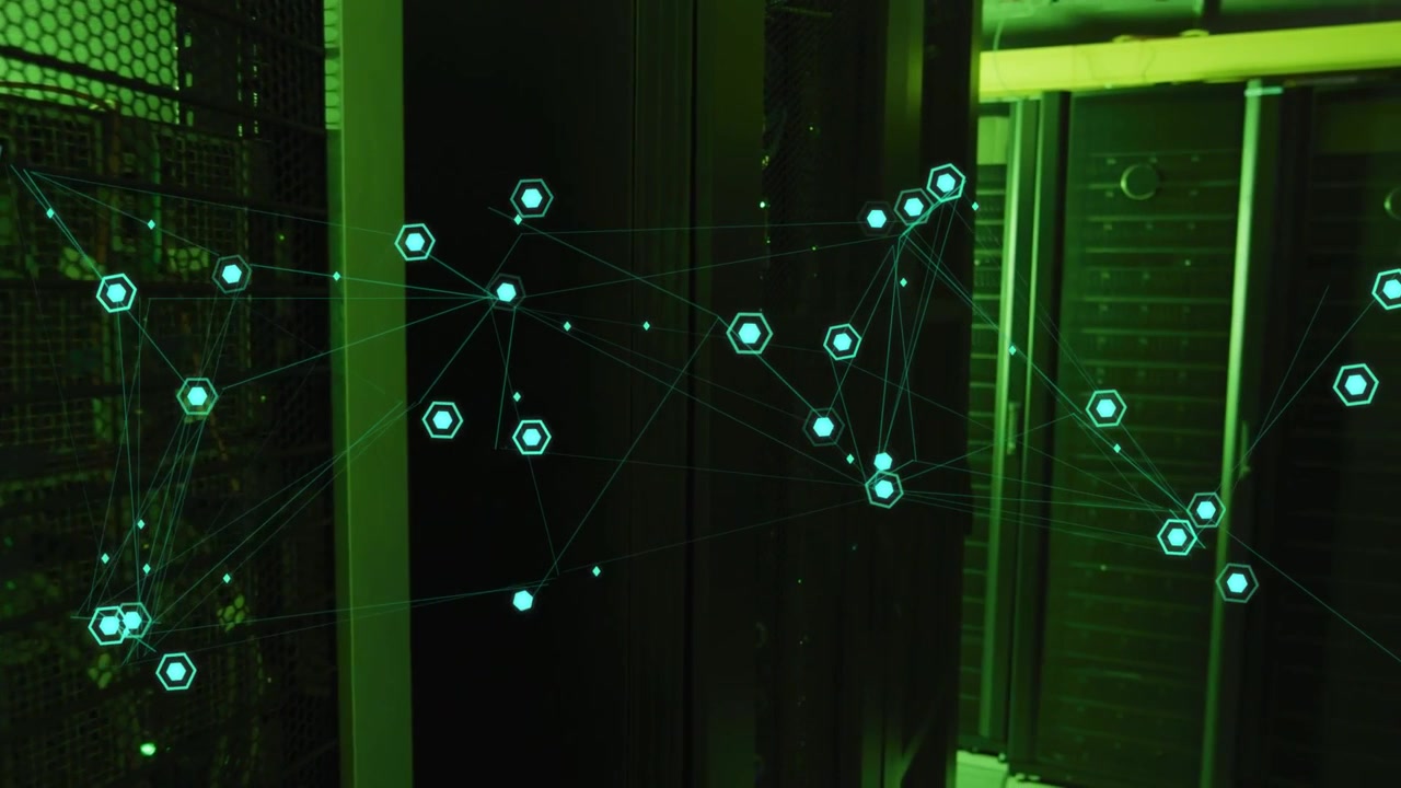 Camera panning revealing racks, teal hexagon nodes spreading across servers, mapping links
